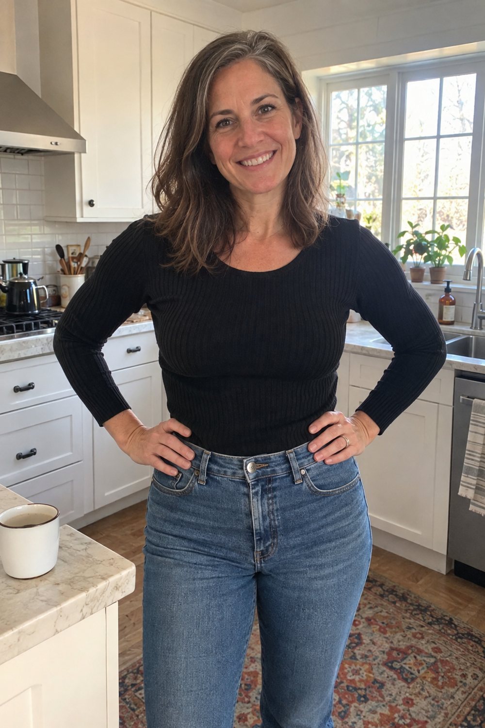 Donna sorridente con le mani sui fianchi in cucina