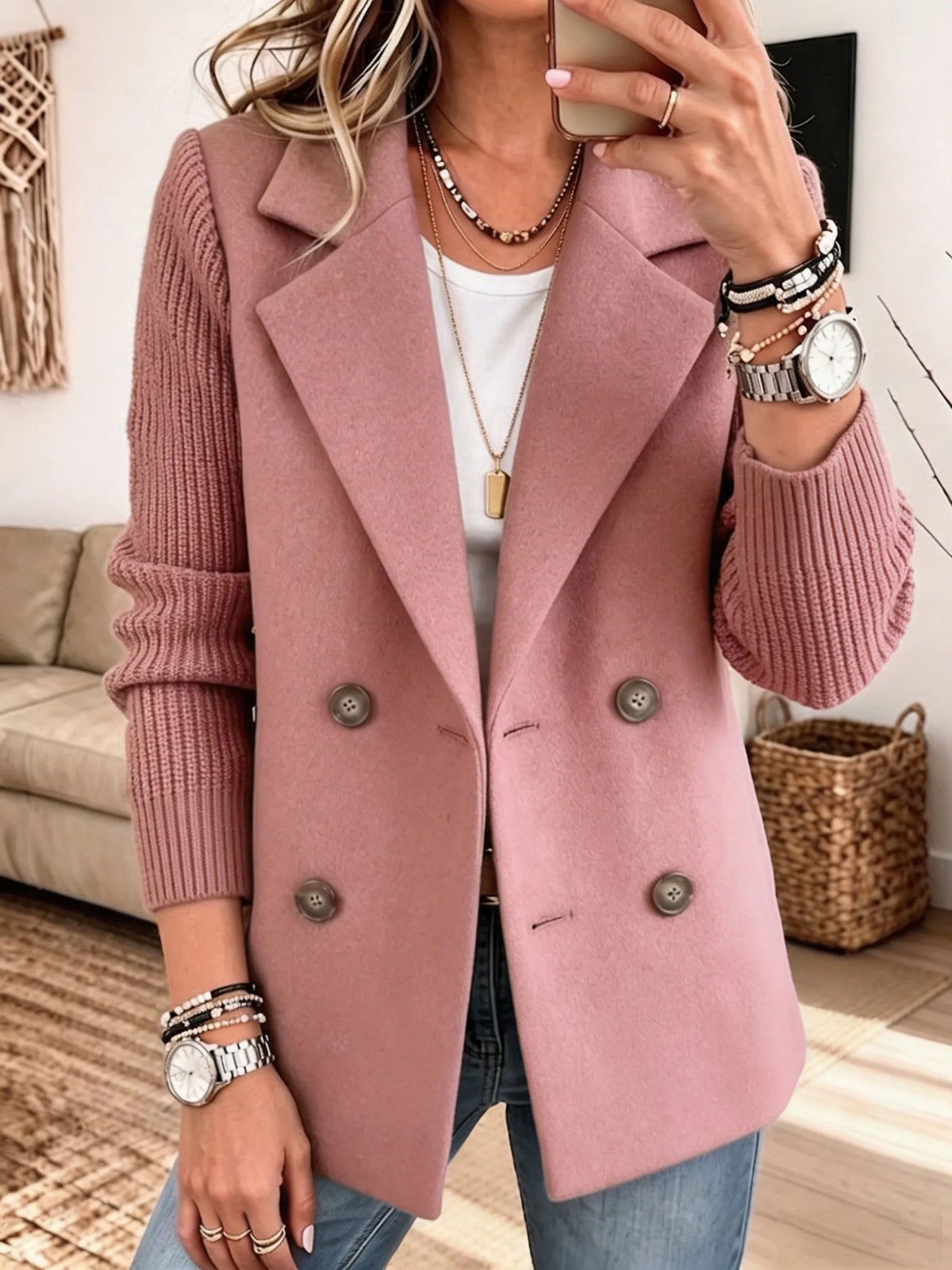 Marta Knit-Sleeve Double-Breasted Blazer