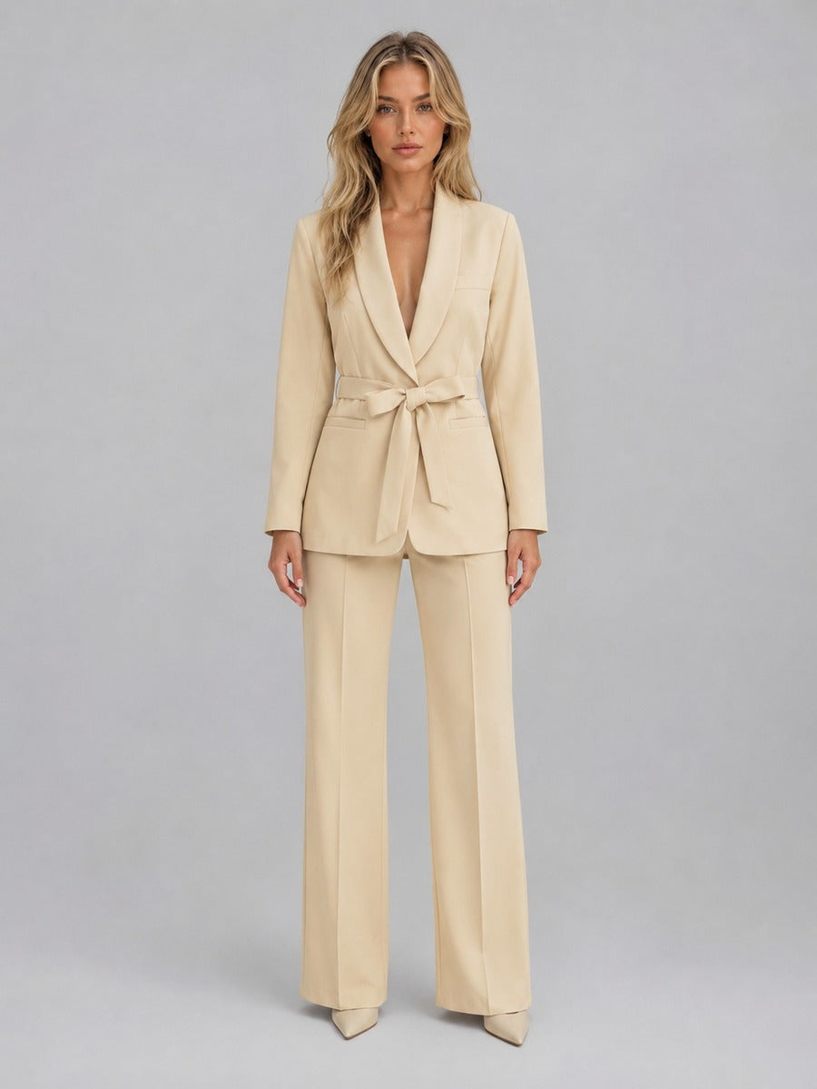 Gabriella Shawl-Collar Belted Blazer & Wide-Leg Trouser Suit