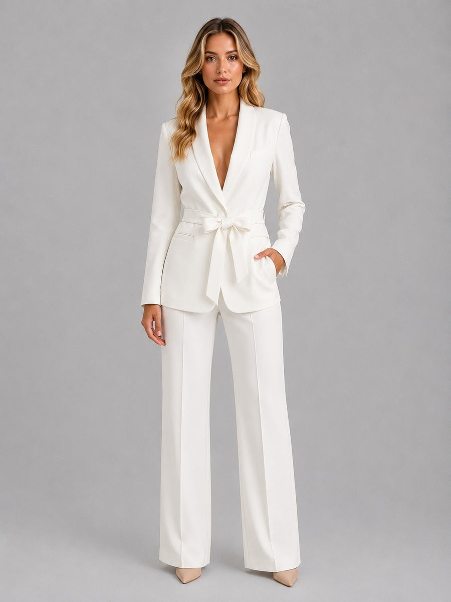 Gabriella Shawl-Collar Belted Blazer & Wide-Leg Trouser Suit