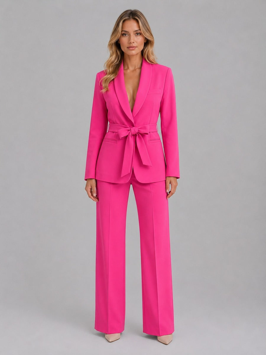 Gabriella Shawl-Collar Belted Blazer & Wide-Leg Trouser Suit