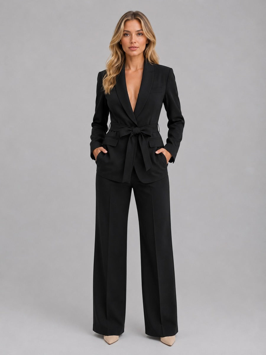 Gabriella Shawl-Collar Belted Blazer & Wide-Leg Trouser Suit