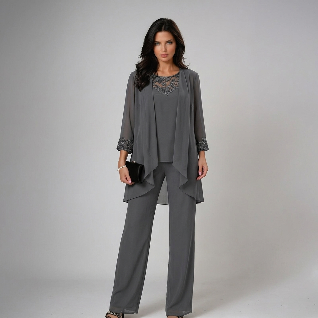 Ainhoa Three-Piece Chiffon Set with Wide-Leg Trousers