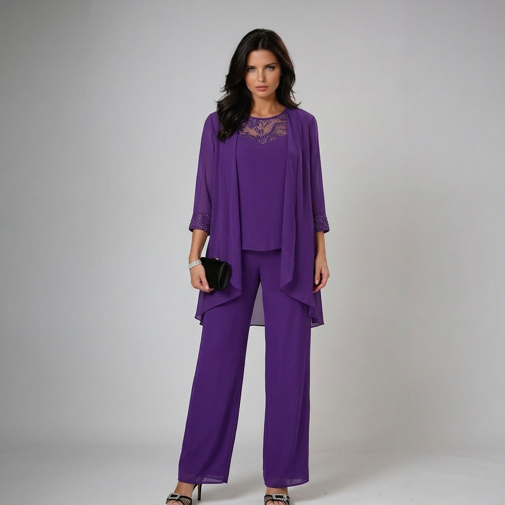 Ainhoa Three-Piece Chiffon Set with Wide-Leg Trousers