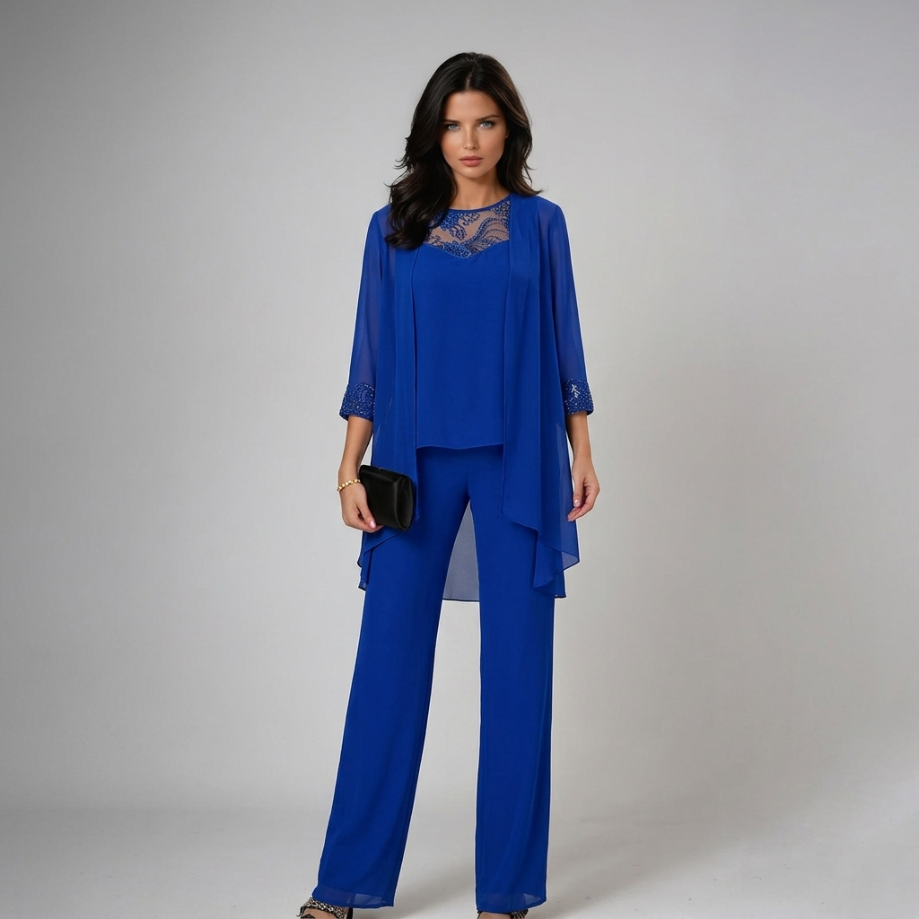 Ainhoa Three-Piece Chiffon Set with Wide-Leg Trousers