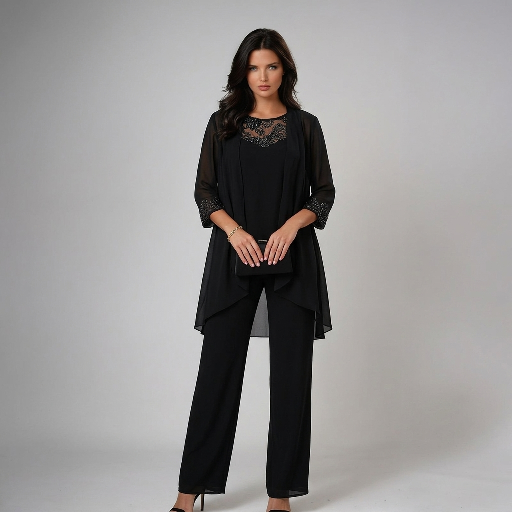 Ainhoa Three-Piece Chiffon Set with Wide-Leg Trousers