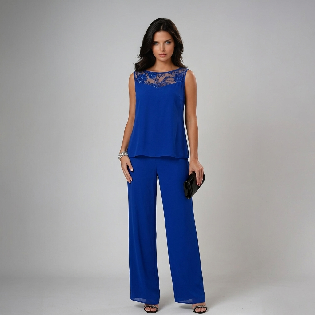 Ainhoa Three-Piece Chiffon Set with Wide-Leg Trousers