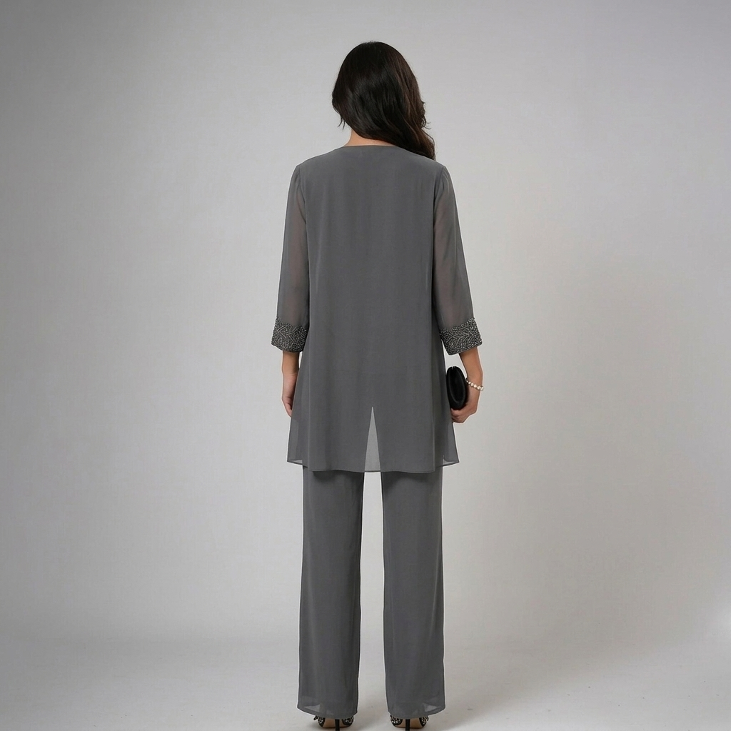 Ainhoa Three-Piece Chiffon Set with Wide-Leg Trousers