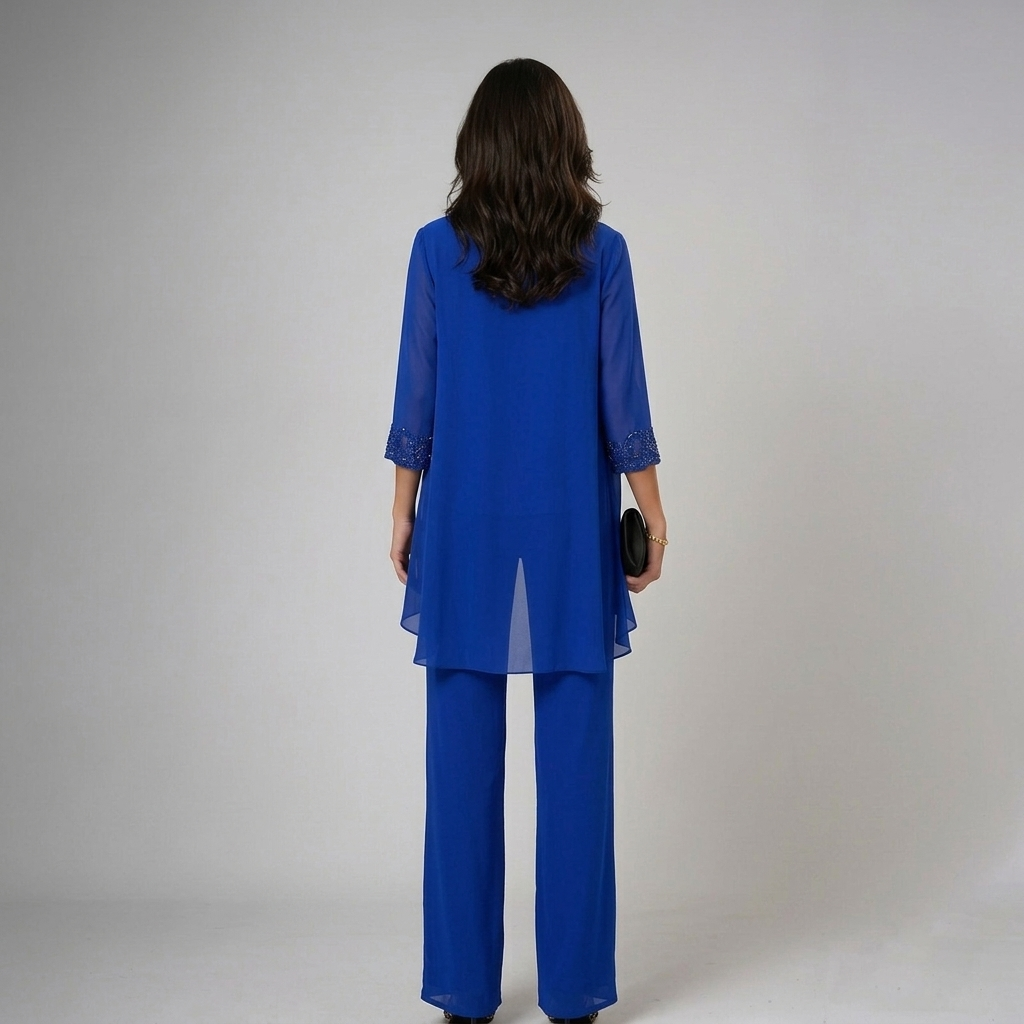 Ainhoa Three-Piece Chiffon Set with Wide-Leg Trousers
