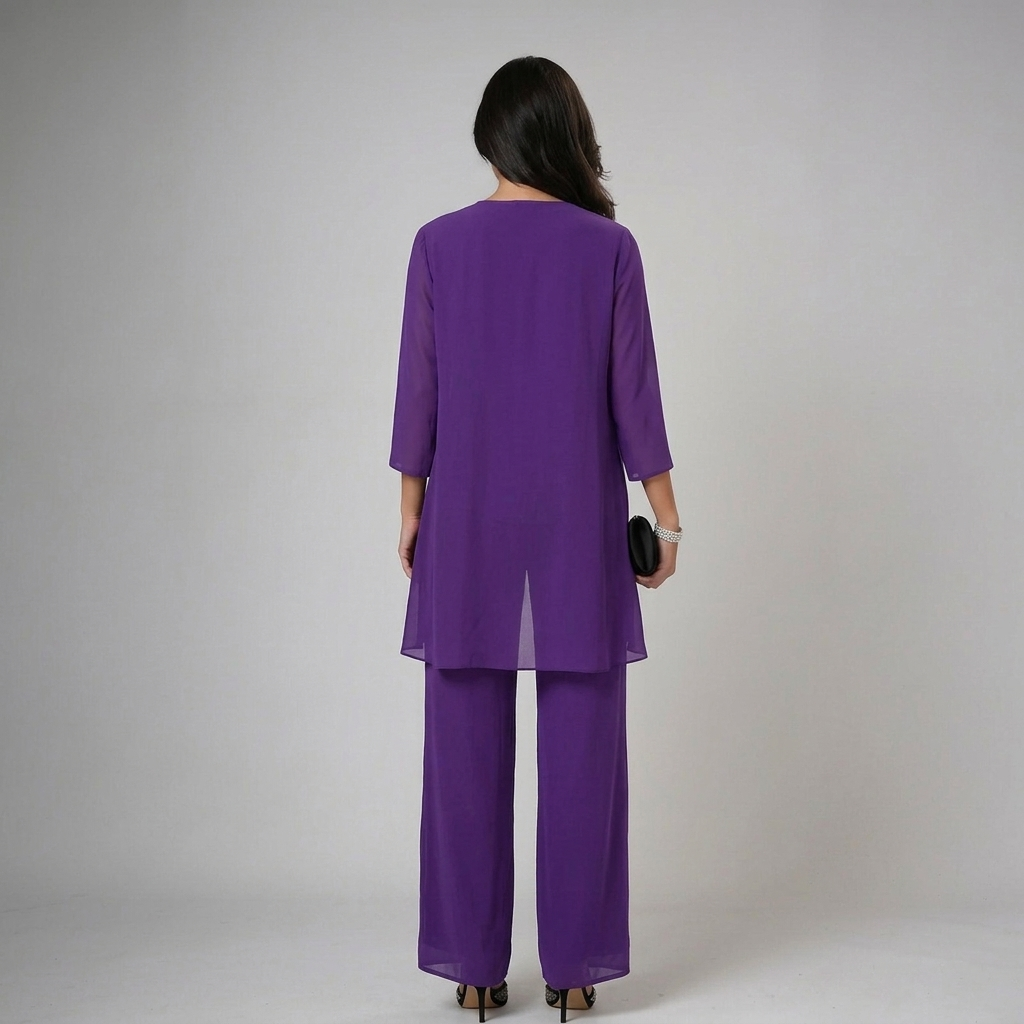 Ainhoa Three-Piece Chiffon Set with Wide-Leg Trousers