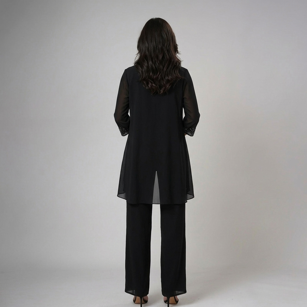 Ainhoa Three-Piece Chiffon Set with Wide-Leg Trousers
