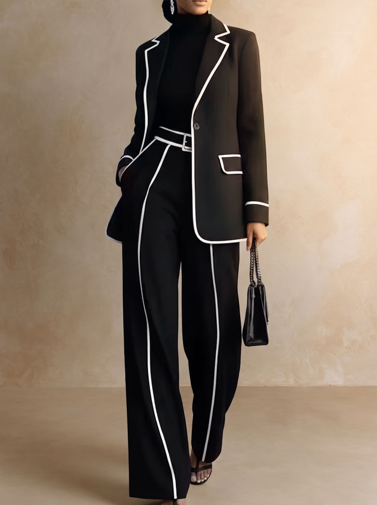 Tiziana Contrast-Piping Blazer & Wide Trouser Suit, Black