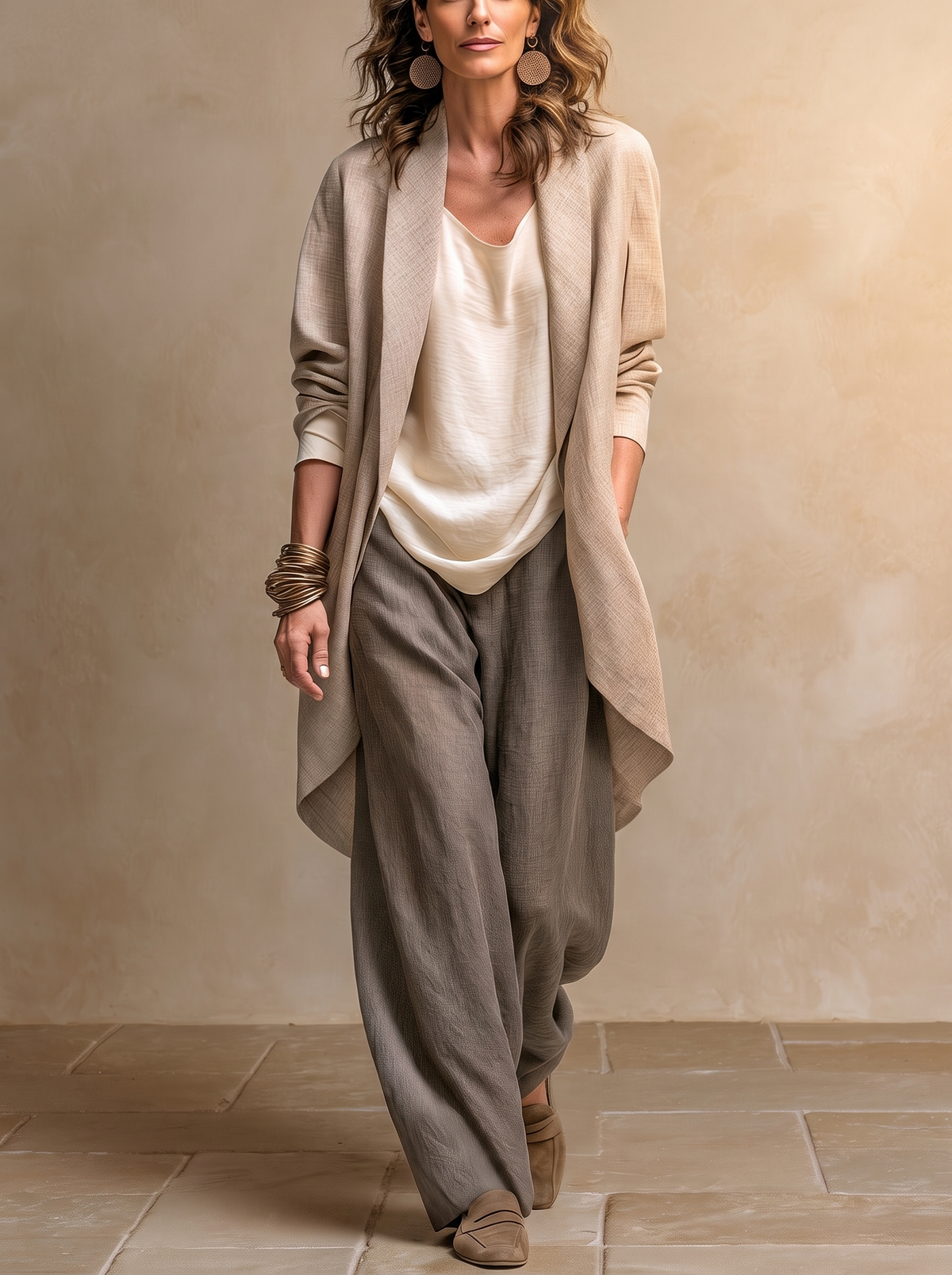 Viviana Three-Piece Cardigan & Palazzo Trouser Set, Beige & Grey
