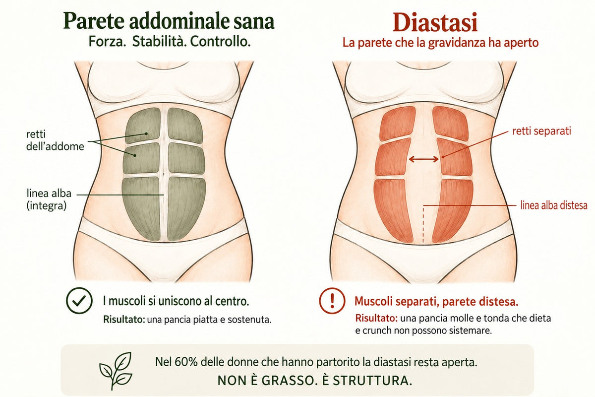 Schema: parete addominale sana e diastasi dei retti