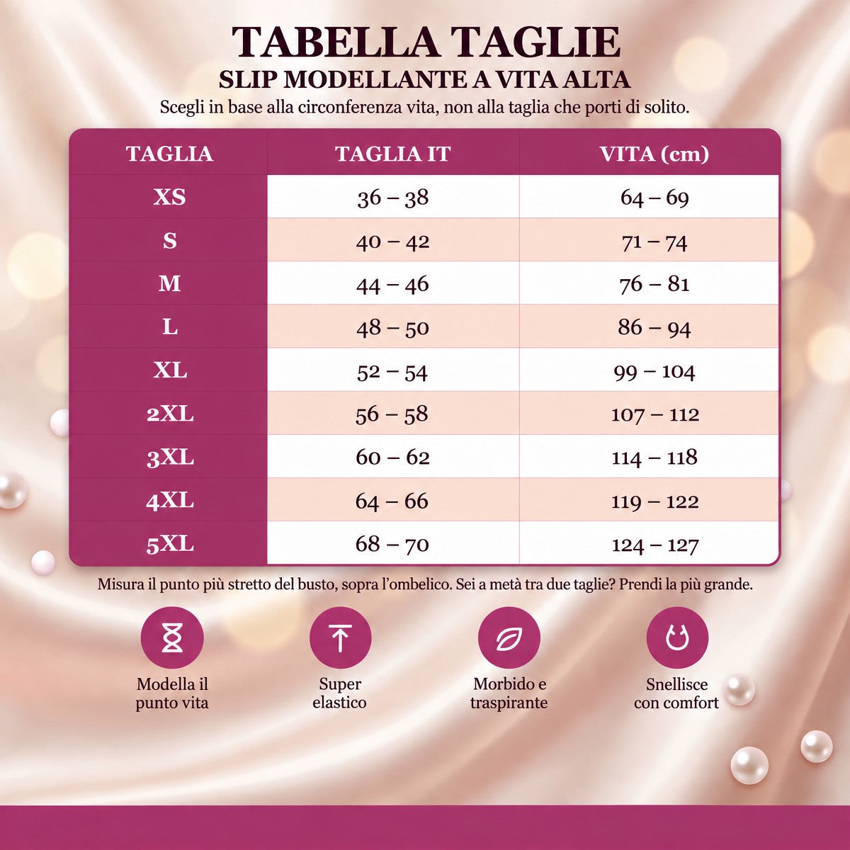 Tabella taglie: taglia IT e circonferenza vita in cm