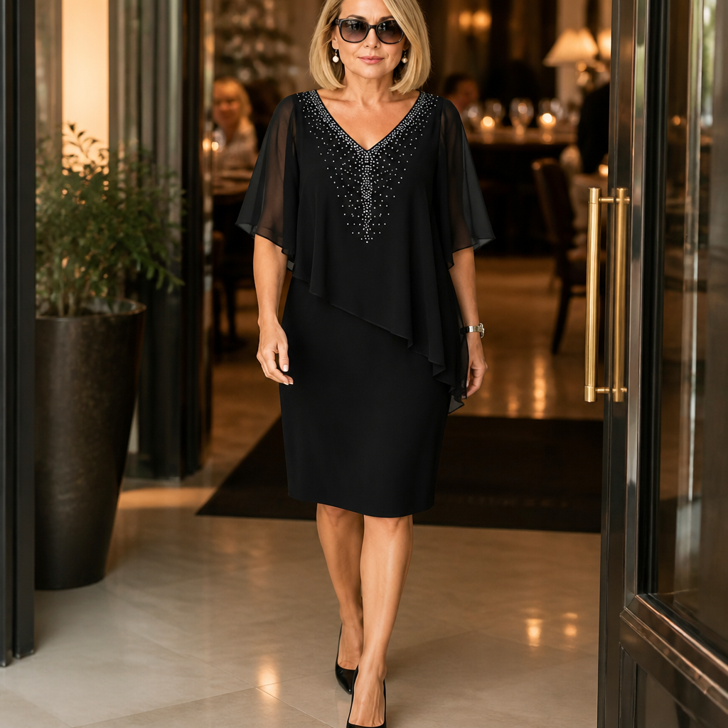 Macarena Chiffon Cape Midi Guest Dress