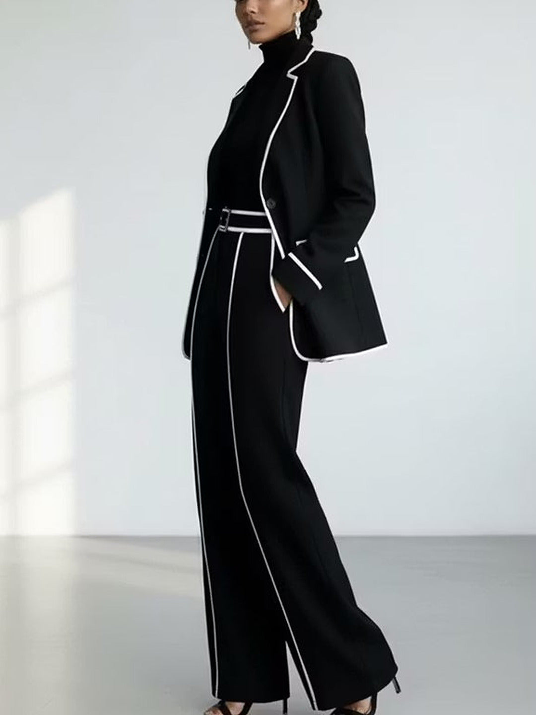 Tiziana Contrast-Piping Blazer & Wide Trouser Suit, Black