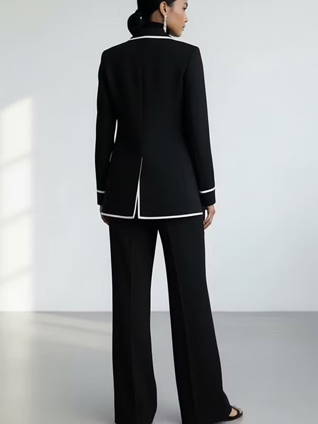 Tiziana Contrast-Piping Blazer & Wide Trouser Suit, Black