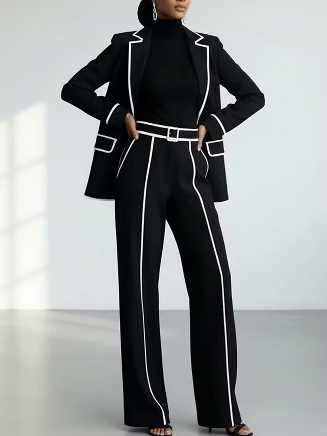 Tiziana Contrast-Piping Blazer & Wide Trouser Suit, Black