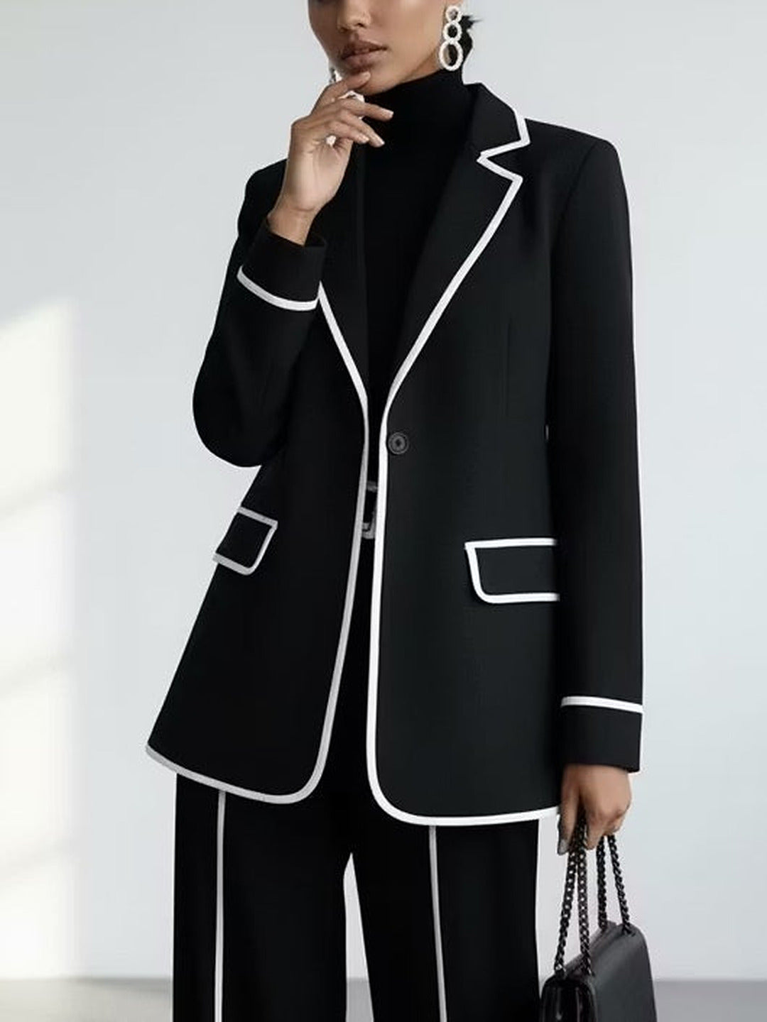 Tiziana Contrast-Piping Blazer & Wide Trouser Suit, Black