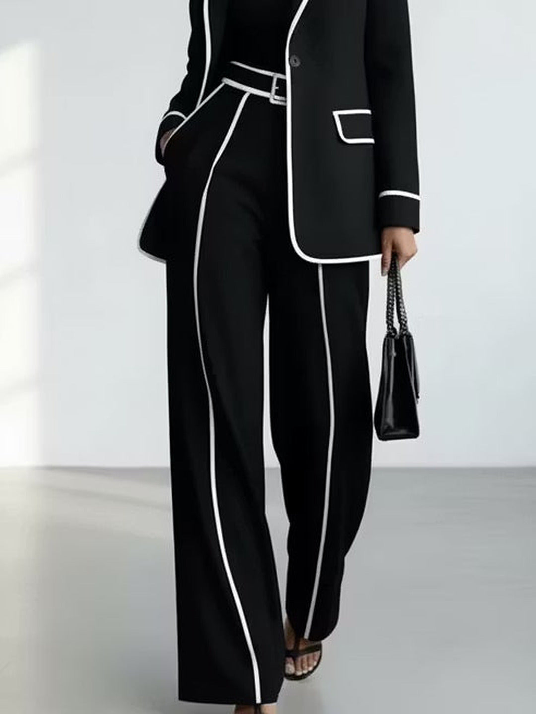 Tiziana Contrast-Piping Blazer & Wide Trouser Suit, Black