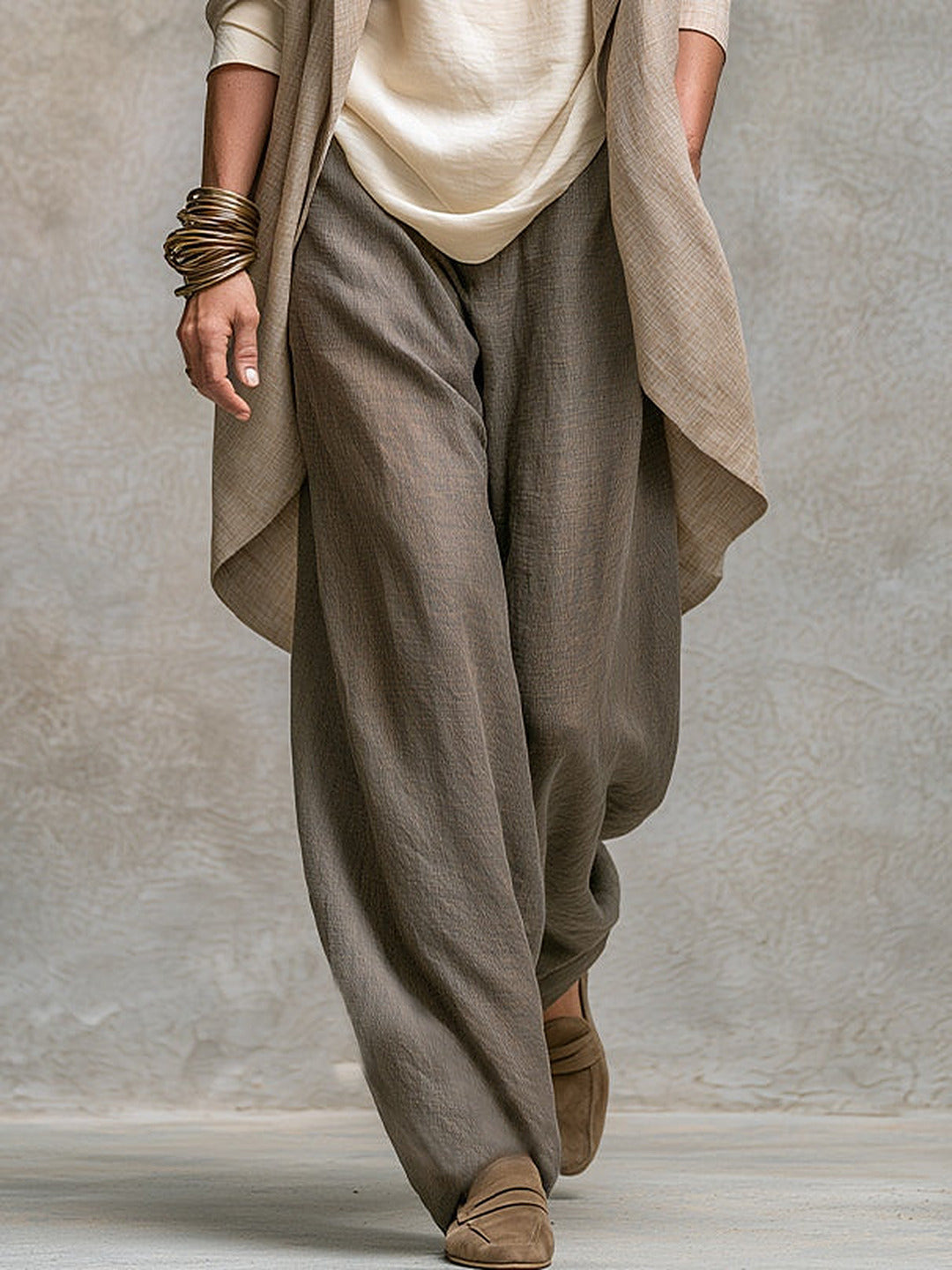 Viviana Three-Piece Cardigan & Palazzo Trouser Set, Beige & Grey