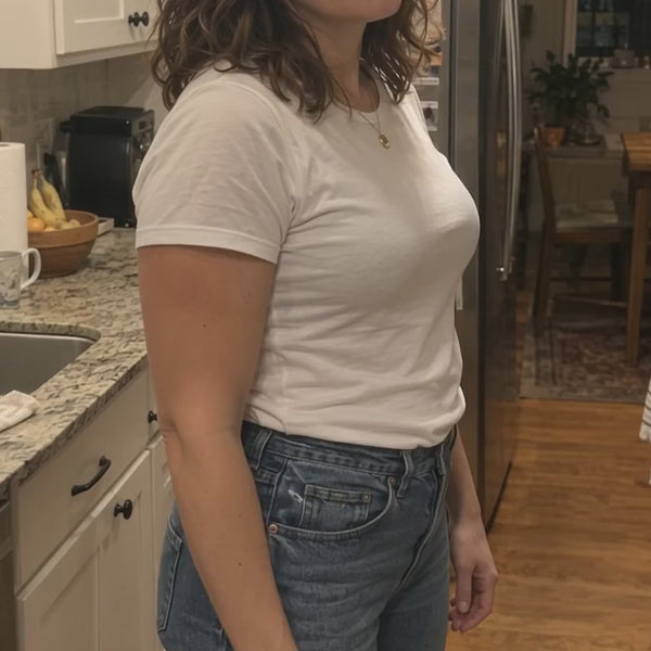 Before and with SculptWrap 360 under a t-shirt and jeans