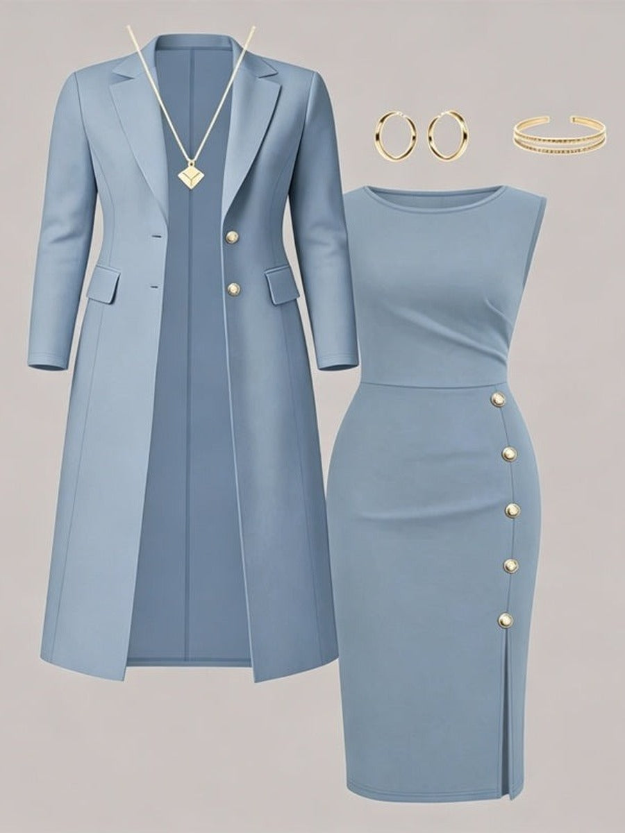 Mirella Long Blazer & Gold-Button Sleeveless Dress Set
