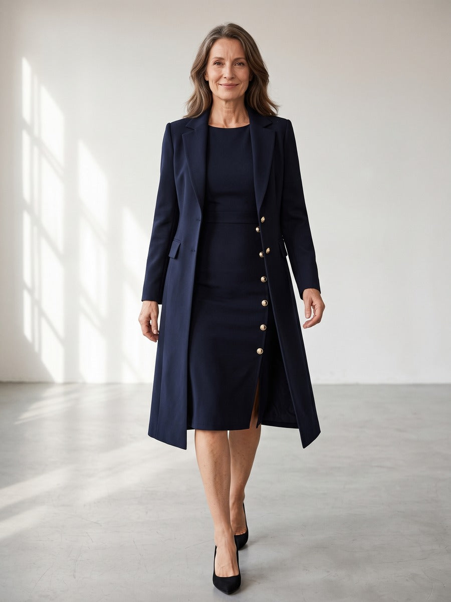 Mirella Long Blazer & Gold-Button Sleeveless Dress Set
