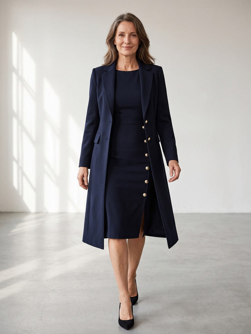 Mirella Long Blazer & Gold-Button Sleeveless Dress Set