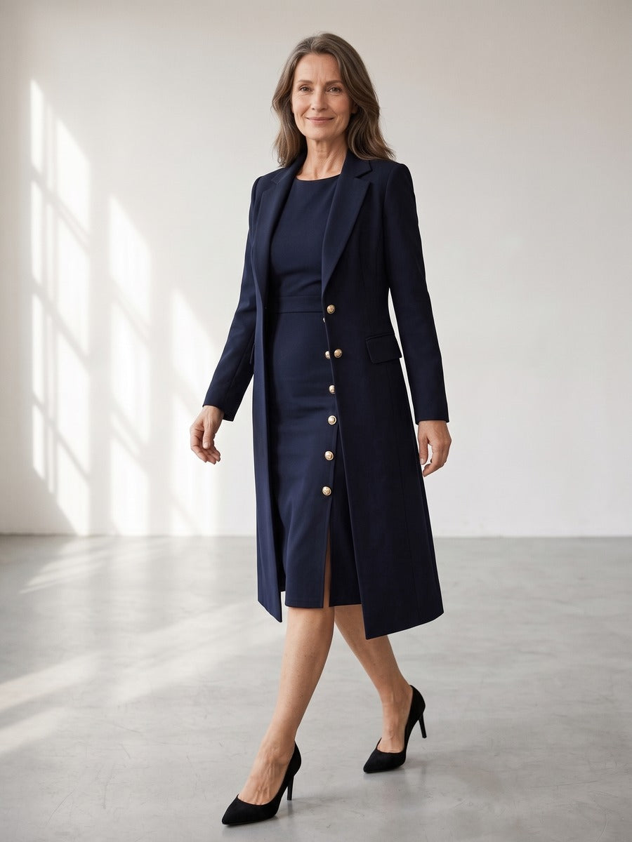 Mirella Long Blazer & Gold-Button Sleeveless Dress Set