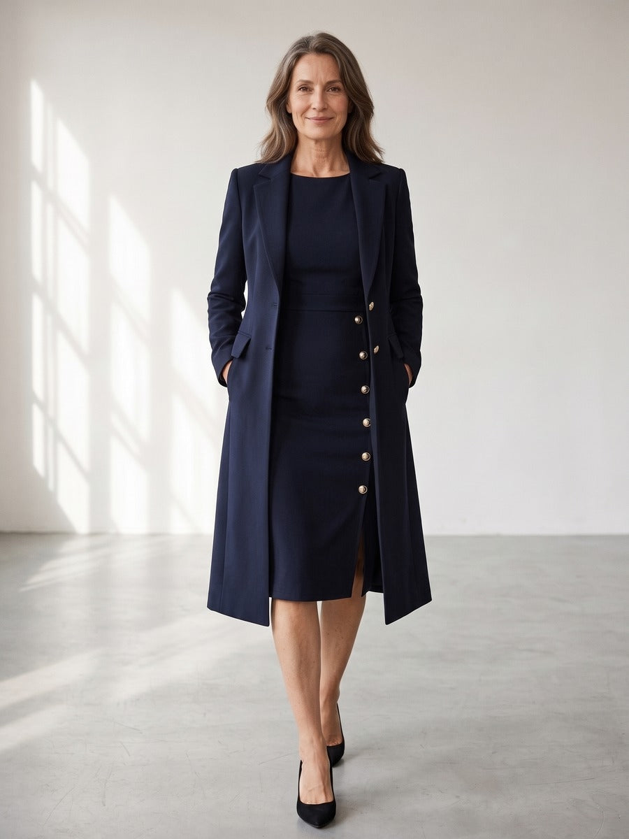Mirella Long Blazer & Gold-Button Sleeveless Dress Set