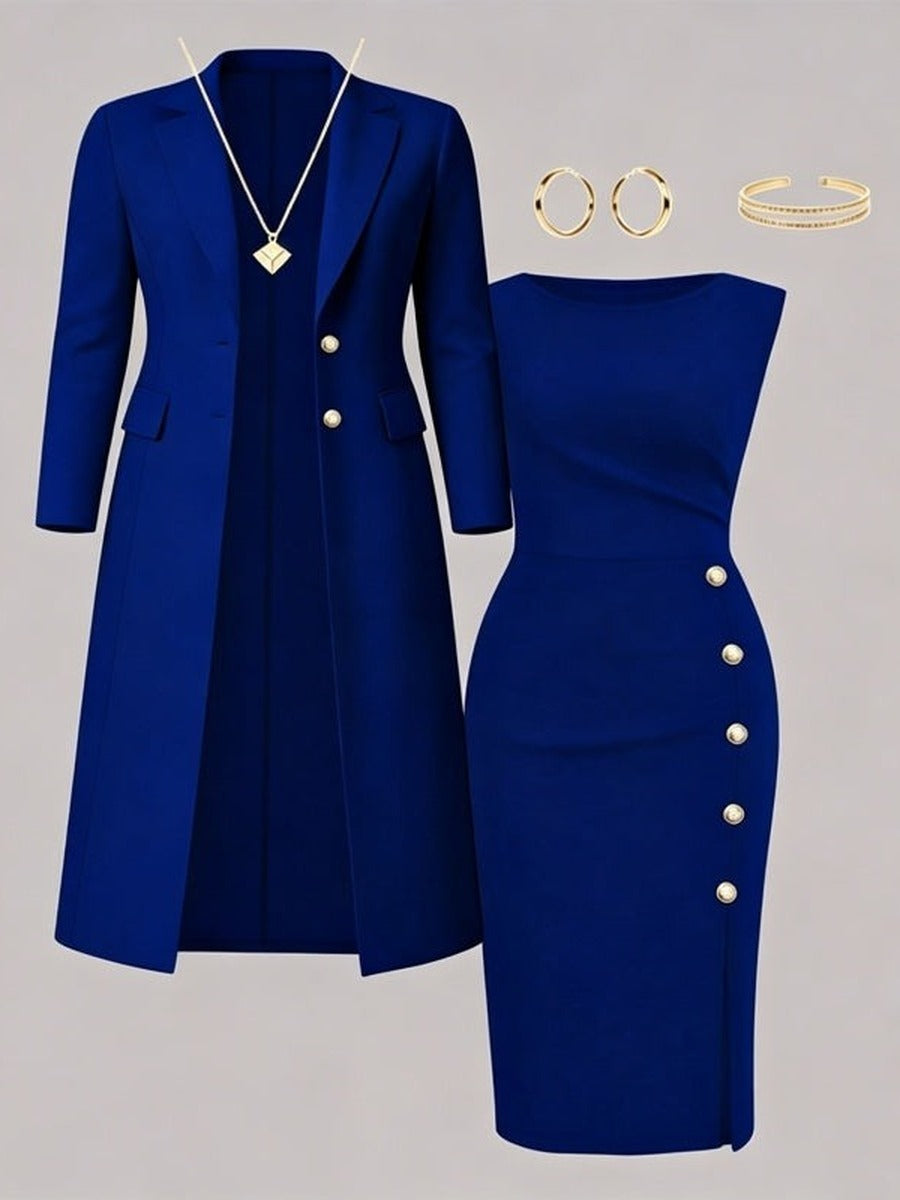 Mirella Long Blazer & Gold-Button Sleeveless Dress Set