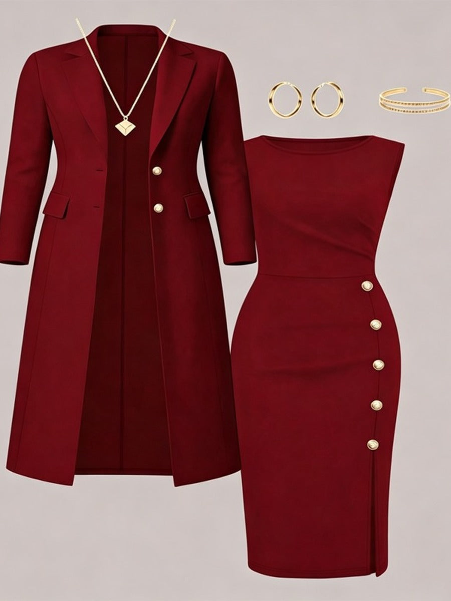 Mirella Long Blazer & Gold-Button Sleeveless Dress Set