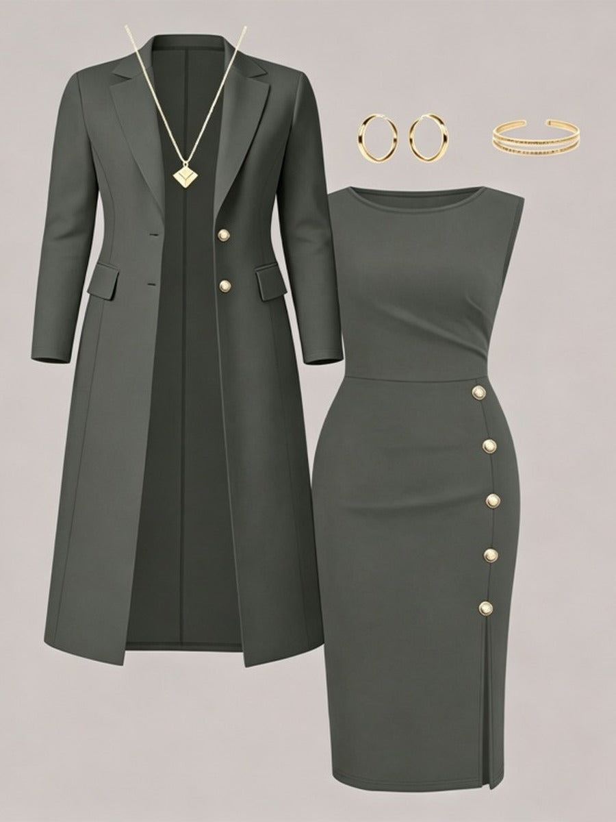 Mirella Long Blazer & Gold-Button Sleeveless Dress Set