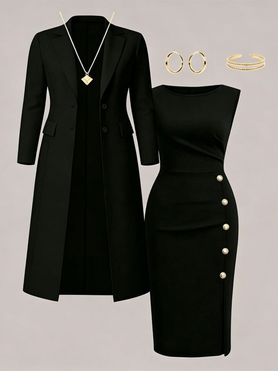 Mirella Long Blazer & Gold-Button Sleeveless Dress Set
