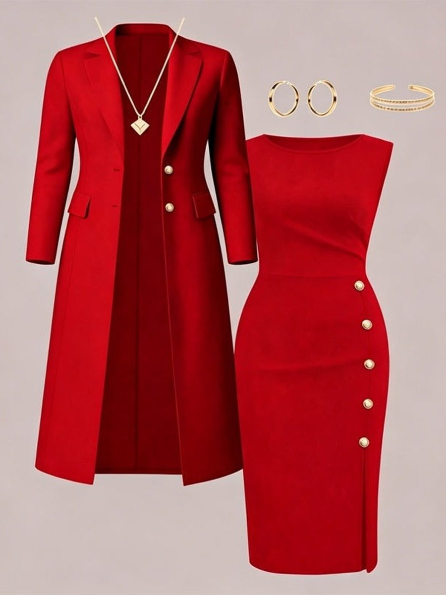 Mirella Long Blazer & Gold-Button Sleeveless Dress Set