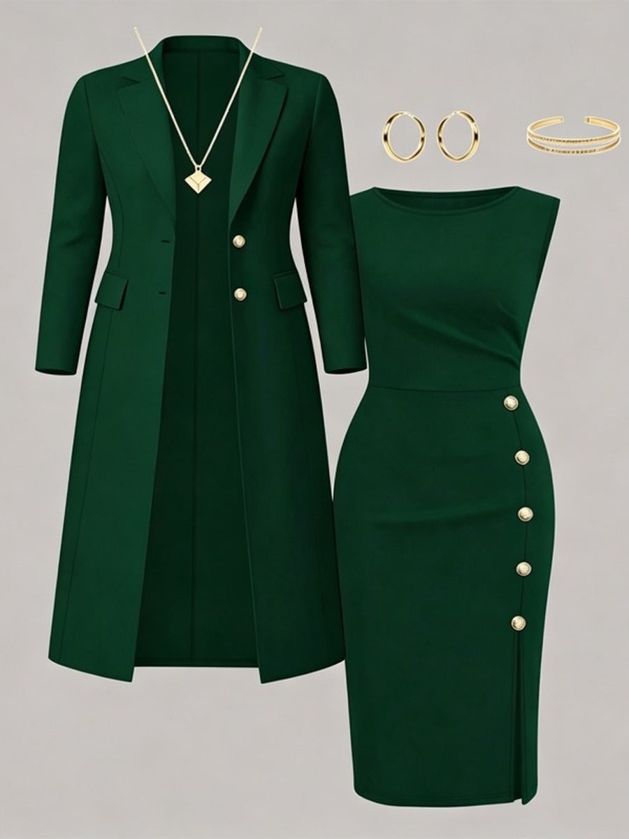 Mirella Long Blazer & Gold-Button Sleeveless Dress Set
