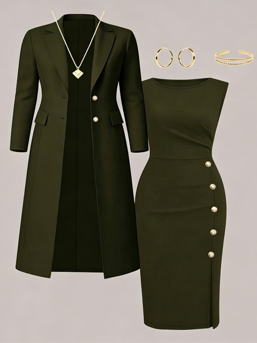 Mirella Long Blazer & Gold-Button Sleeveless Dress Set