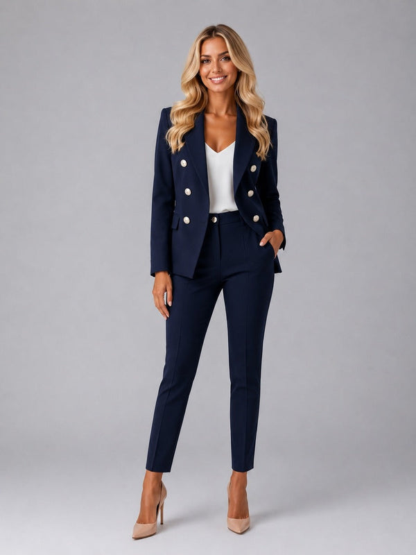 Tailleur Croisé à Revers en Pointe et Pantalon Cheville Elisabetta
