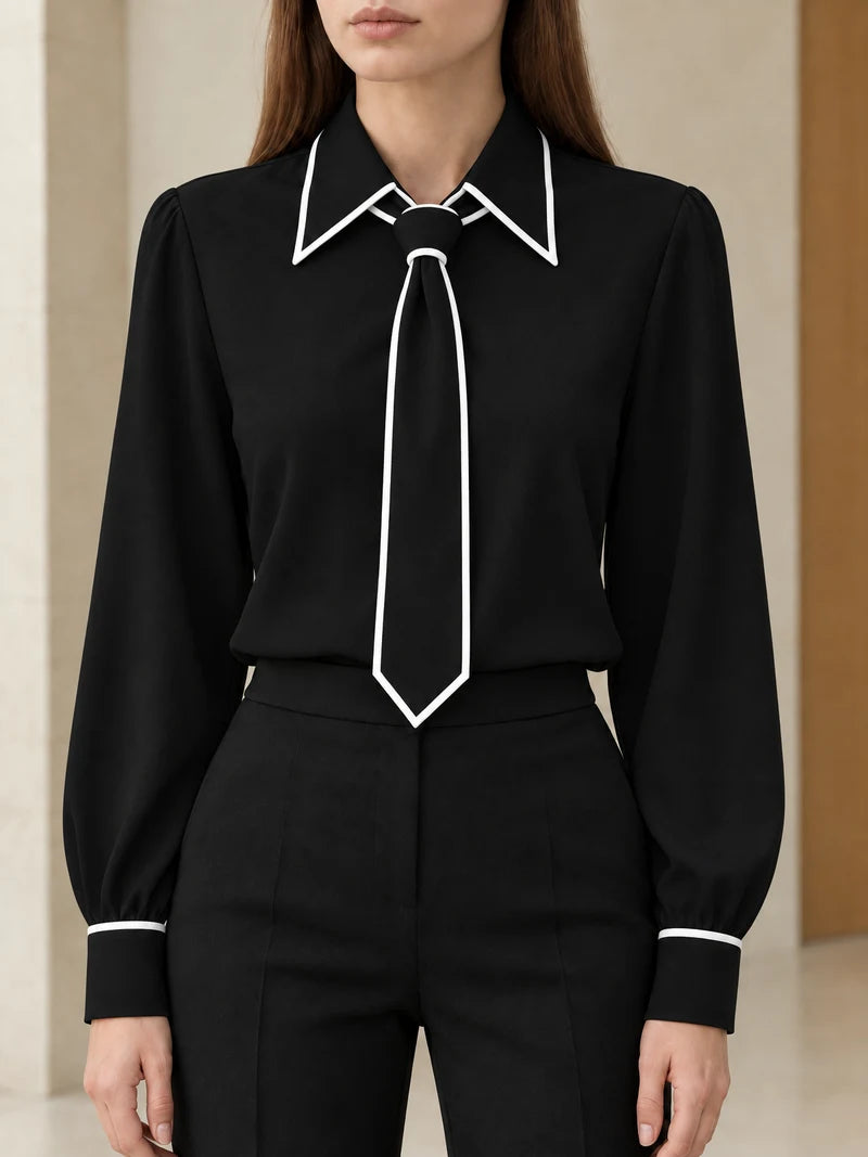 Vivienne Contrast Tie Blouse — Black
