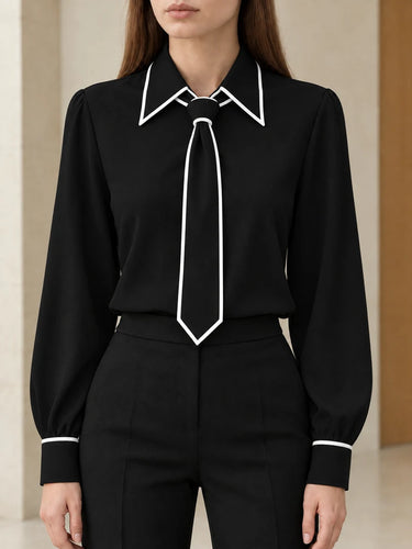 Vivienne Contrast Tie Blouse — Black
