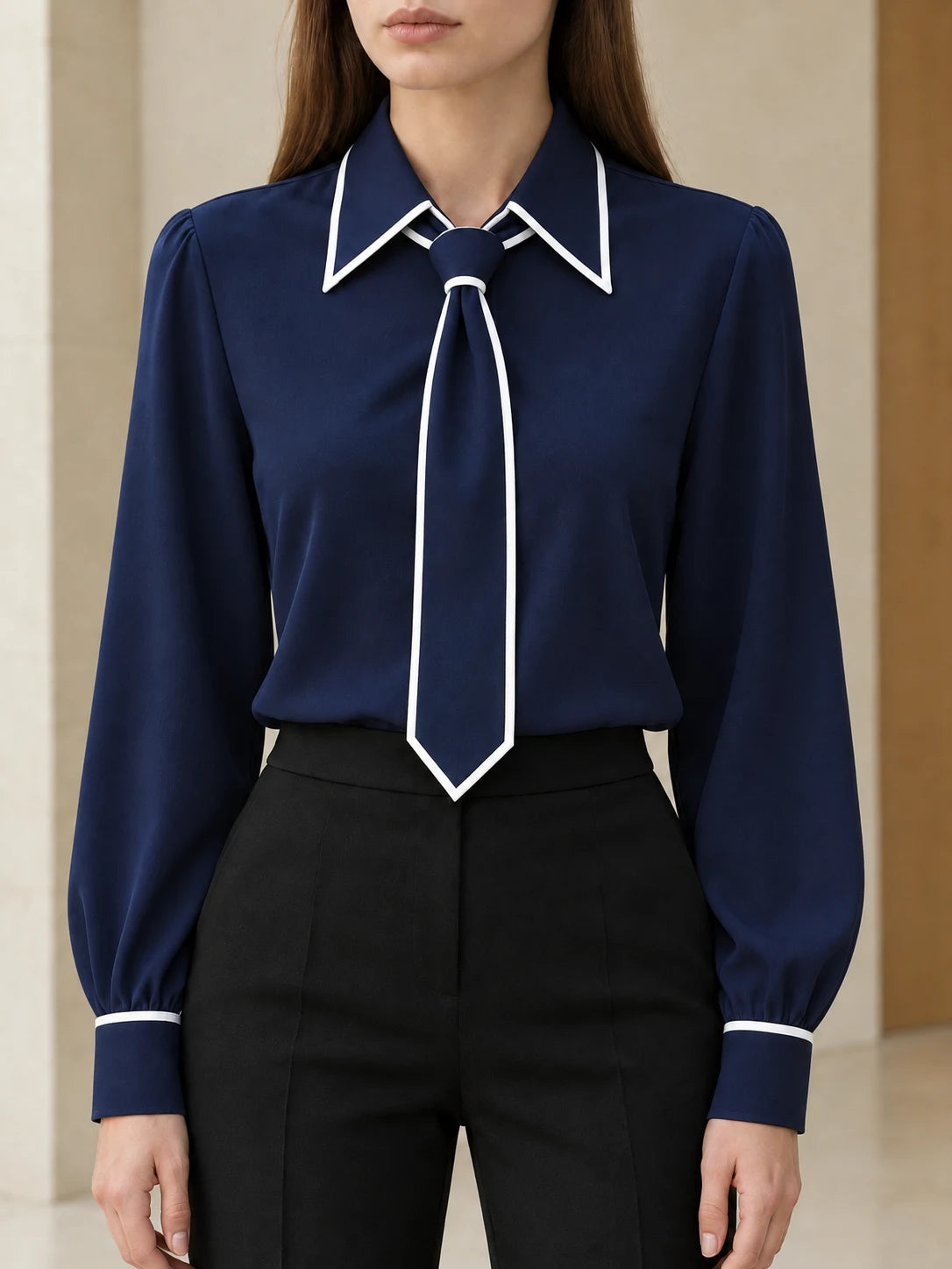Vivienne Contrast Tie Blouse — Navy