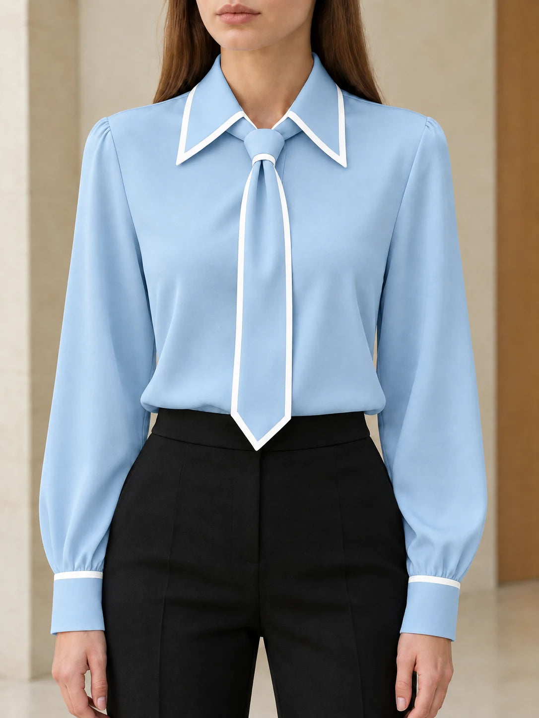 Vivienne Contrast Tie Blouse — Blue