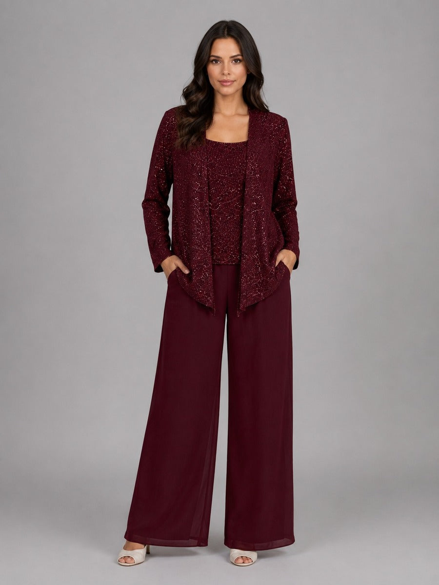 Elettra Sequin Jacket Three-Piece Wide-Leg Suit