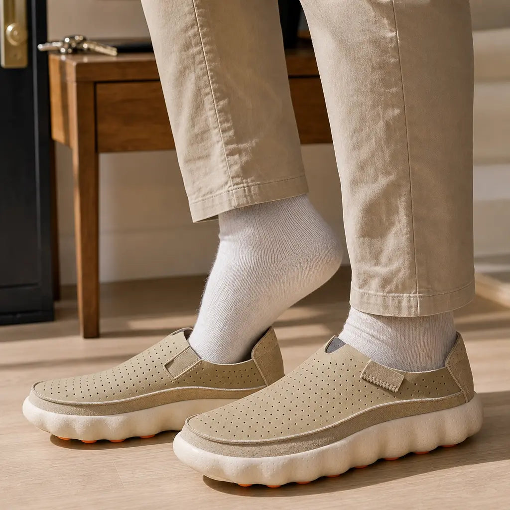 A man stepping into a hands-free loafer by the front door