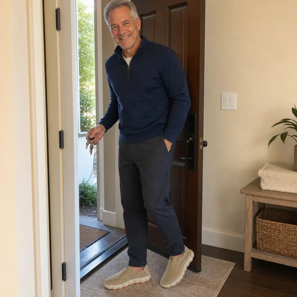 A mature man wearing Soren loafers while leaving home